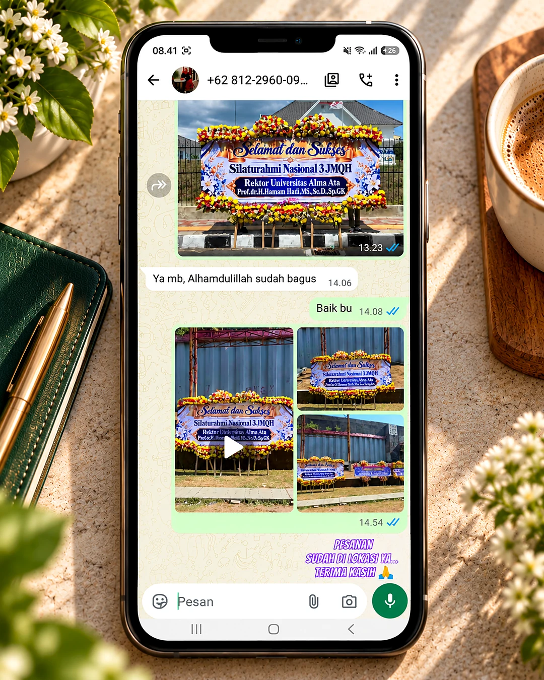 Testimoni pelanggan via WhatsApp - Bunga Papan Selamat dan Sukses