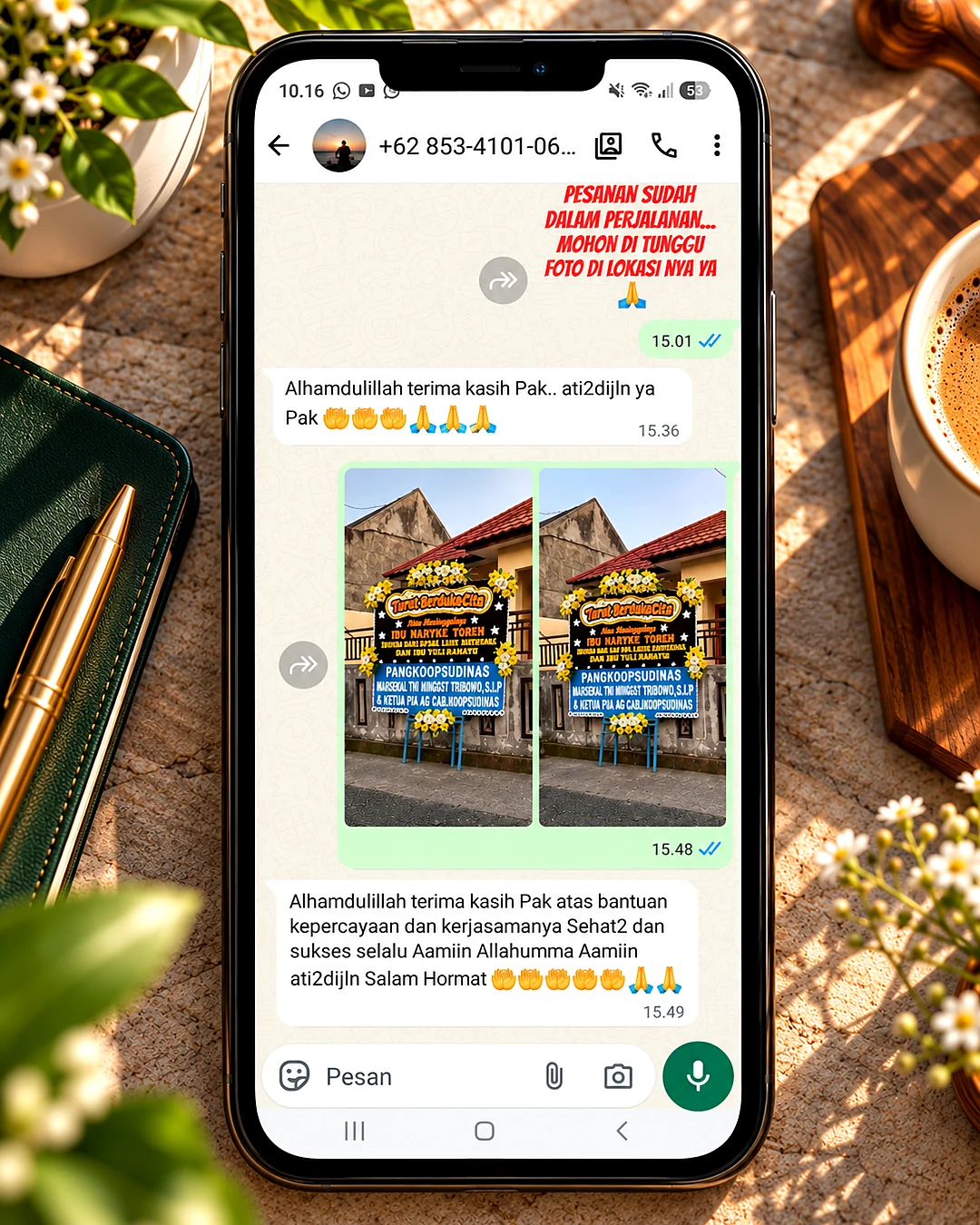 Testimoni pelanggan via WhatsApp - Bunga Papan Dukacita