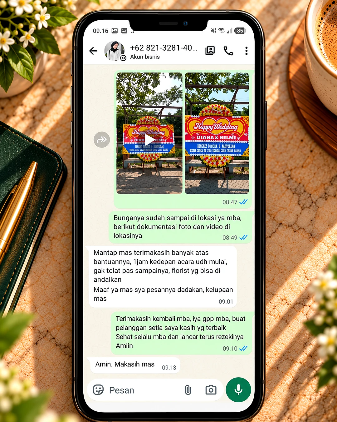 Testimoni pelanggan via WhatsApp - Bunga Papan Happy Wedding