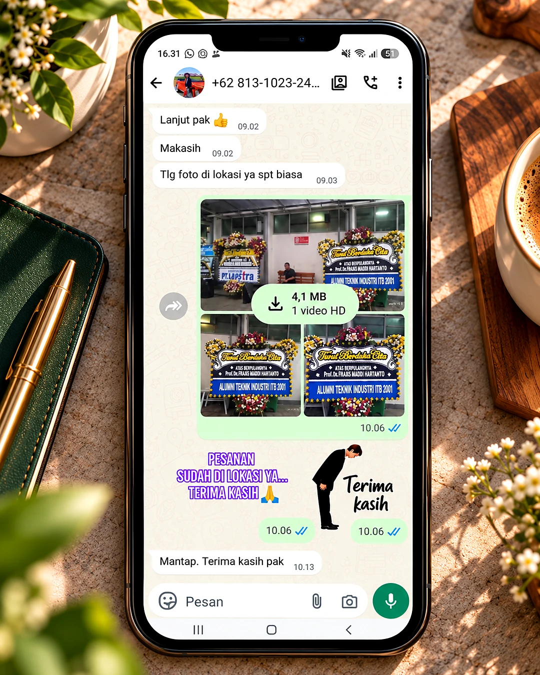 Testimoni pelanggan via WhatsApp - Bunga Papan Dukacita