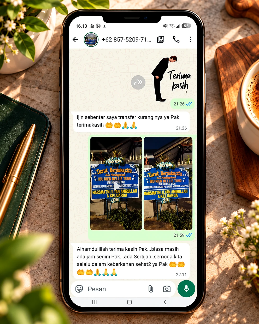 Testimoni pelanggan via WhatsApp - Bunga Papan Dukacita