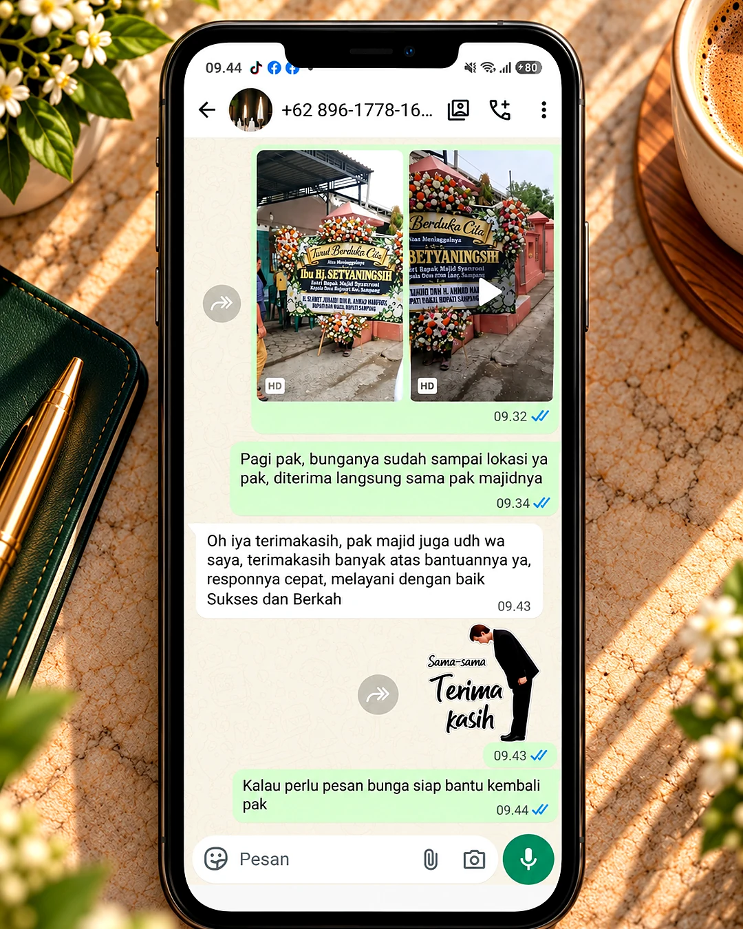 Testimoni pelanggan via WhatsApp - Bunga Papan Dukacita