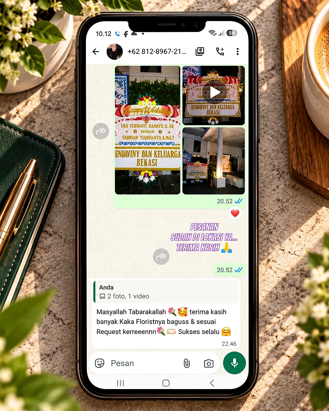 Testimoni pelanggan via WhatsApp - Bunga Papan Happy Wedding